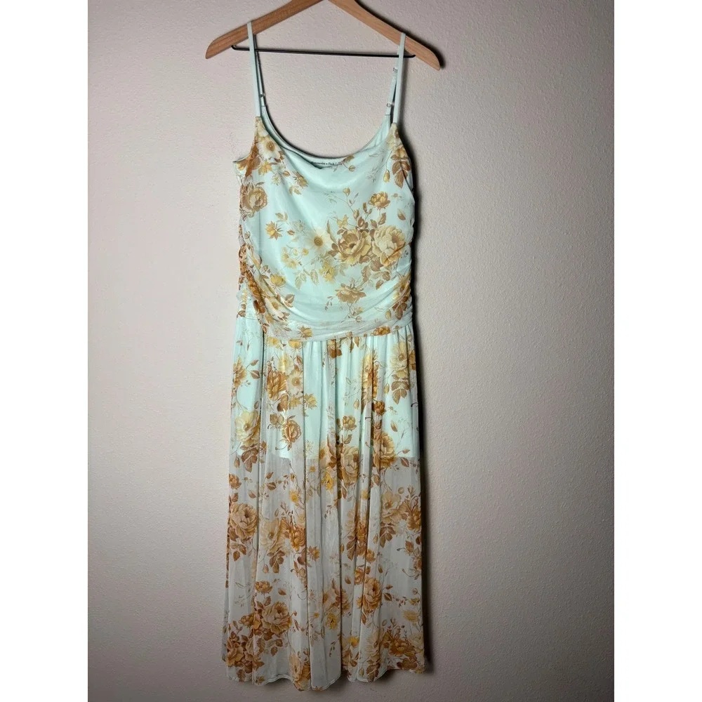 Abercrombie & Fitch Floral Mesh Maxi Dress XL Blue Yellow Flowy Bra Free Ruched